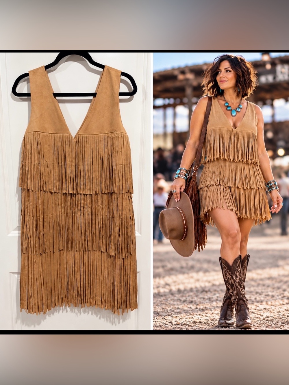 NWT Avec Les Filles Tan Faux Suede Fringe Boho Western Vibe Festival Dress sz 12